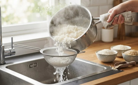 Cooked rice draining in a strainer beside bowls of white basmati, sushi rice, and brown rice