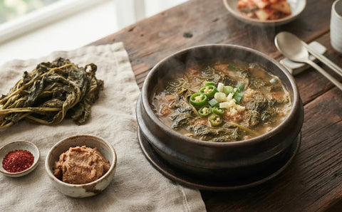 Bowl of Korean siraegi doenjang soup beside a bundle of sun-dried radish leaves on a wooden table