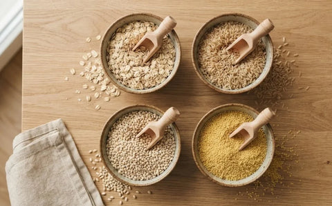 Four bowls of oats, brown rice, pearled barley, and millet arranged side by side on a wooden table