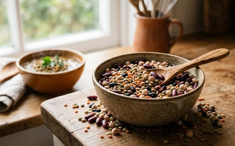 Mixed beans and lentils in a bowl illustrating foods that can cause gas and bloating