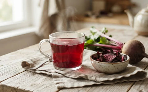 Glass mug of ruby beet tea beside a bowl of dried beet pieces and a fresh beetroot on a wooden table