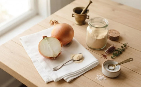 Jar of organic onion powder beside fresh whole and halved onions on a wooden table