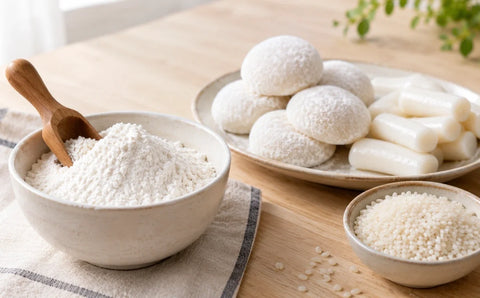 Bowl of sweet rice flour (chapssal-garu) with mochi, tteok rice cakes and raw glutinous rice on a wooden table