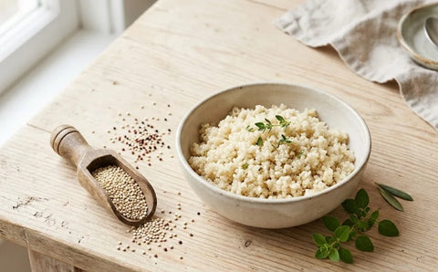 Bowl of cooked quinoa next to raw quinoa seeds on a wooden table