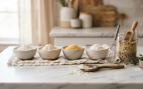 Bowls of gluten-free flours including rice, sorghum, and millet flour used for baking