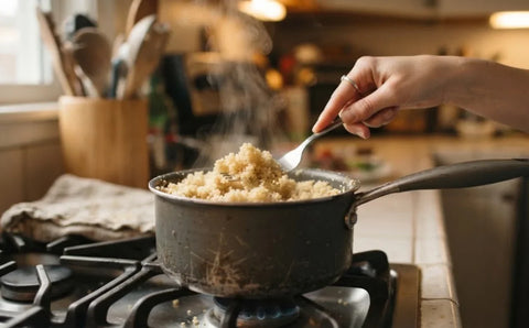 Fluffing steaming quinoa with a fork straight from the pot
