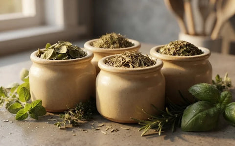 jars of dried oregano, thyme, and rosemary next to fresh herb sprigs