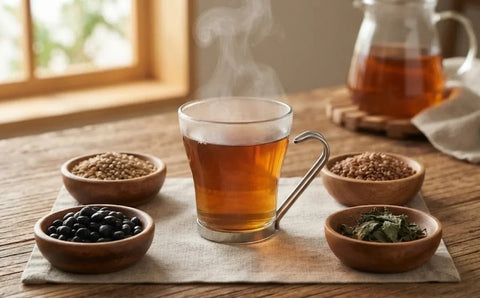 Caffeine-free Korean harmony tea (곡물차) served warm with bowls of roasted grains on a wooden table