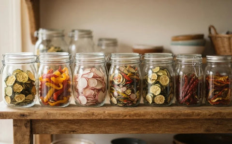 Glass jars filled with dried vegetables stored on a pantry shelf