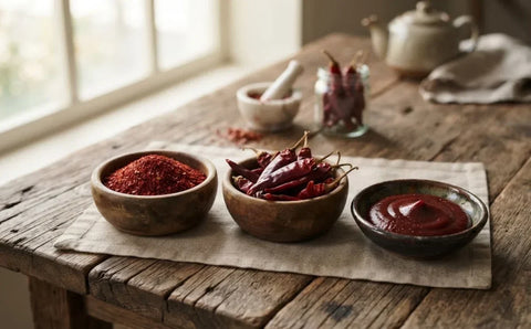 Bowls of Korean gochugaru flakes and whole sun-dried red chili peppers on a wooden table