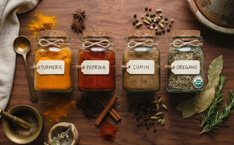 Organic dried spices in glass jars showing USDA organic certification and irradiation-free labeling