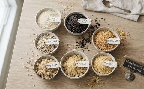 Bowls of naturally gluten-free grains including rice, sorghum, millet, and quinoa