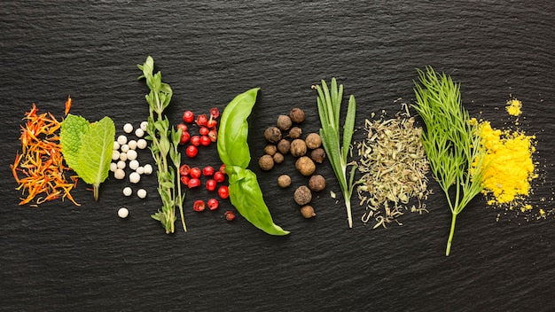 Various organic herbs on a wooden shelf.