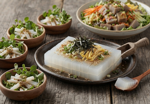 A styled food scene on a rustic wooden table featuring a large rectangular block of translucent white jelly or rice cake topped with seaweed, sesame seeds, and shredded yellow vegetables, surrounded by small bowls of green salad and a larger mixed salad in a bowl.