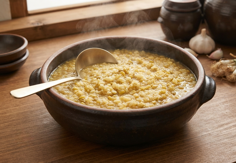 A rustic dark brown clay pot filled with a thick, steaming yellow-beige grain or lentil soup, set on a wooden table with a metal spoon resting inside. Garlic bulbs and dark ceramic jars are visible in the softly blurred background near a window.