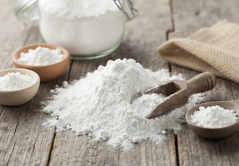 A pile of white powder, likely baking powder or flour, displayed on a rustic wooden table with small wooden bowls, a glass jar, and a wooden scoop.