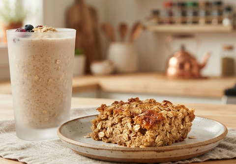 A close-up of a slice of oatmeal cookie on a speckled beige plate next to a frosted glass of oat milk with berries, set on a table in a warm, softly blurred kitchen setting.