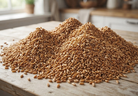 A pile of golden-brown wheat grains spread across a rustic wooden table in a softly blurred kitchen setting.