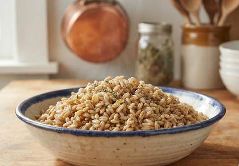 A bowl of cooked brown rice or barley on a wooden table, with a softly blurred kitchen background including jars, utensils, and a hanging copper pot.