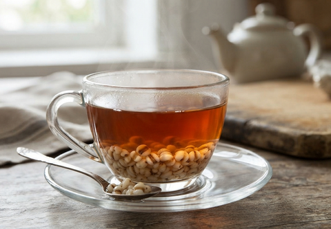 A clear glass teacup filled with amber tea and visible beans or grains at the bottom, set on a matching saucer with a spoon on a rustic wooden table near a window and teapot.