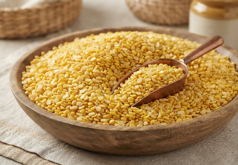 Yellow split lentil beans in a wooden bowl with a wooden spoon, set on a textured beige cloth with woven baskets in the background.