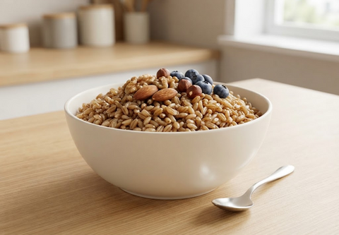 A white ceramic bowl filled with oatmeal or barley cereal topped with almonds and blueberries, set on a light wood table with a spoon nearby in a softly lit kitchen setting.