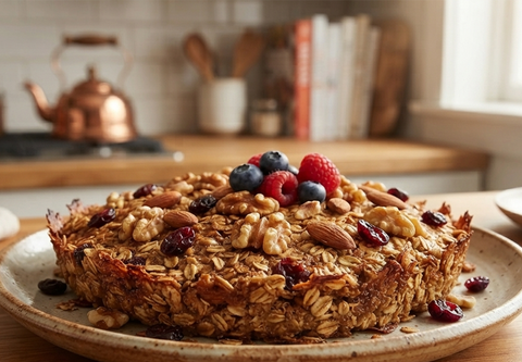A baked oatmeal casserole topped with nuts, dried fruit, and fresh berries on a ceramic plate, set in a warm kitchen environment.