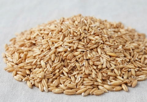 A mound of whole wheat grains on a light beige fabric background.