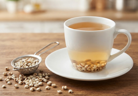 A white ceramic cup filled with light amber liquid sits on a white saucer on a wooden table, with whole beans visible at the bottom of the cup. A small metal strainer filled with beans rests beside it, with scattered beans around them.